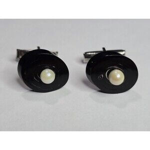 Vintage Faux Pearl Black Oval Cufflinks